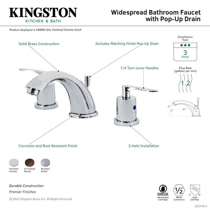 Kingston Tulare KB8968SVL - Serena Two-Handle 3-Hole Deck Mount Widespread Bathroom Faucet with Pop-Up Drain, Brushed Nickel