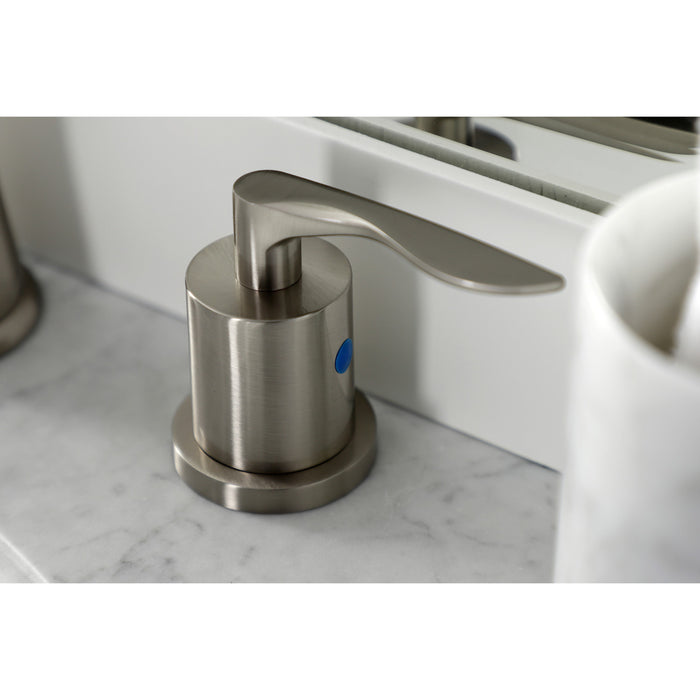 Kingston Tulare KB8968SVL - Serena Two-Handle 3-Hole Deck Mount Widespread Bathroom Faucet with Pop-Up Drain, Brushed Nickel