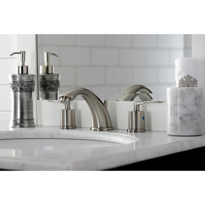 Kingston Tulare KB8968SVL - Serena Two-Handle 3-Hole Deck Mount Widespread Bathroom Faucet with Pop-Up Drain, Brushed Nickel