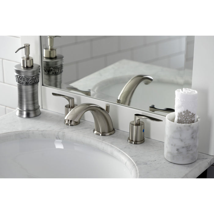 Kingston Tulare KB8968SVL - Serena Two-Handle 3-Hole Deck Mount Widespread Bathroom Faucet with Pop-Up Drain, Brushed Nickel