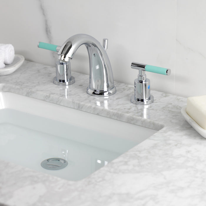 Kingston Tulare KB8981CKL - Kaiser Two-Handle 3-Hole Deck Mount Widespread Bathroom Faucet with Pop-Up Drain, Polished Chrome