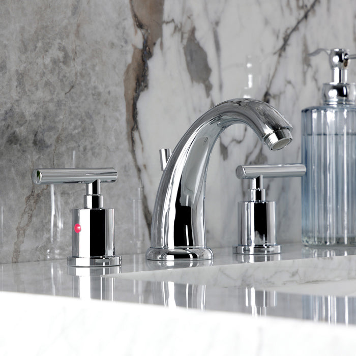 Kingston Tulare KB8981CML - Manhattan Two-Handle 3-Hole Deck Mount Widespread Bathroom Faucet with Pop-Up Drain, Polished Chrome