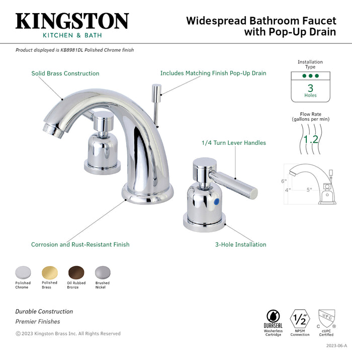 Concord KB8981DL Two-Handle 3-Hole Deck Mount Widespread Bathroom Faucet with Plastic Pop-Up, Polished Chrome