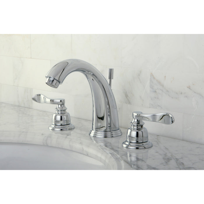 Kingston Tulare KB8981NFL - NuWave French Two-Handle 3-Hole Deck Mount Widespread Bathroom Faucet with Pop-Up Drain, Polished Chrome