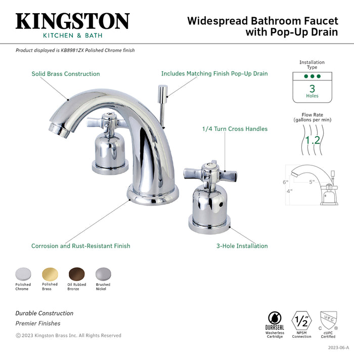 Kingston Tulare KB8981ZX - Millennium Two-Handle 3-Hole Deck Mount Widespread Bathroom Faucet with Pop-Up Drain, Polished Chrome