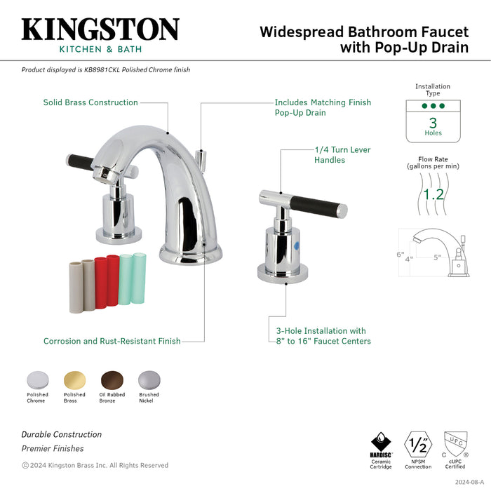 Kingston Tulare KB8982CKL - Kaiser Two-Handle 3-Hole Deck Mount Widespread Bathroom Faucet with Pop-Up Drain, Polished Brass