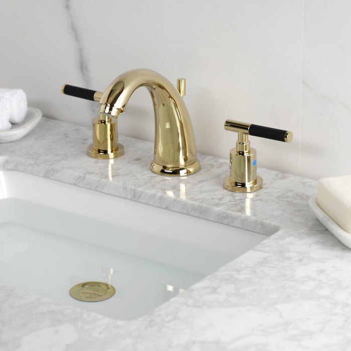 Kingston Tulare KB8982CKL - Kaiser Two-Handle 3-Hole Deck Mount Widespread Bathroom Faucet with Pop-Up Drain, Polished Brass