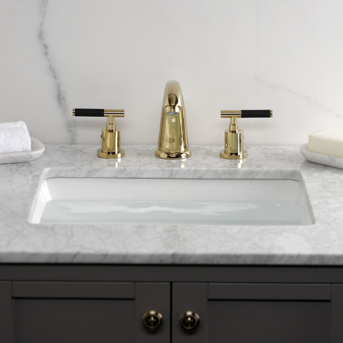 Kingston Tulare KB8982CKL - Kaiser Two-Handle 3-Hole Deck Mount Widespread Bathroom Faucet with Pop-Up Drain, Polished Brass