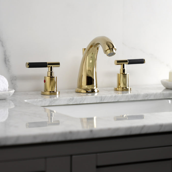 Kingston Tulare KB8982CKL - Kaiser Two-Handle 3-Hole Deck Mount Widespread Bathroom Faucet with Pop-Up Drain, Polished Brass