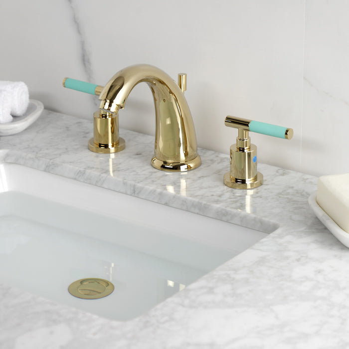 Kingston Tulare KB8982CKL - Kaiser Two-Handle 3-Hole Deck Mount Widespread Bathroom Faucet with Pop-Up Drain, Polished Brass