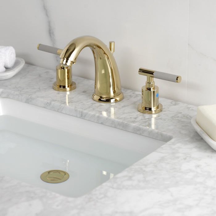 Kingston Tulare KB8982CKL - Kaiser Two-Handle 3-Hole Deck Mount Widespread Bathroom Faucet with Pop-Up Drain, Polished Brass