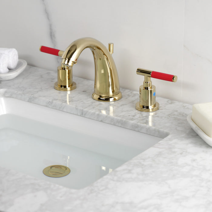 Kingston Tulare KB8982CKL - Kaiser Two-Handle 3-Hole Deck Mount Widespread Bathroom Faucet with Pop-Up Drain, Polished Brass