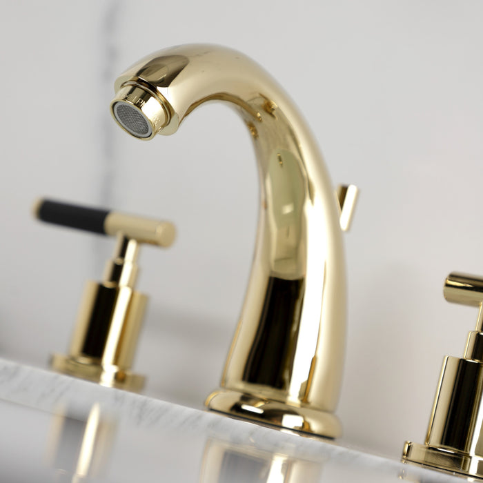 Kingston Tulare KB8982CKL - Kaiser Two-Handle 3-Hole Deck Mount Widespread Bathroom Faucet with Pop-Up Drain, Polished Brass