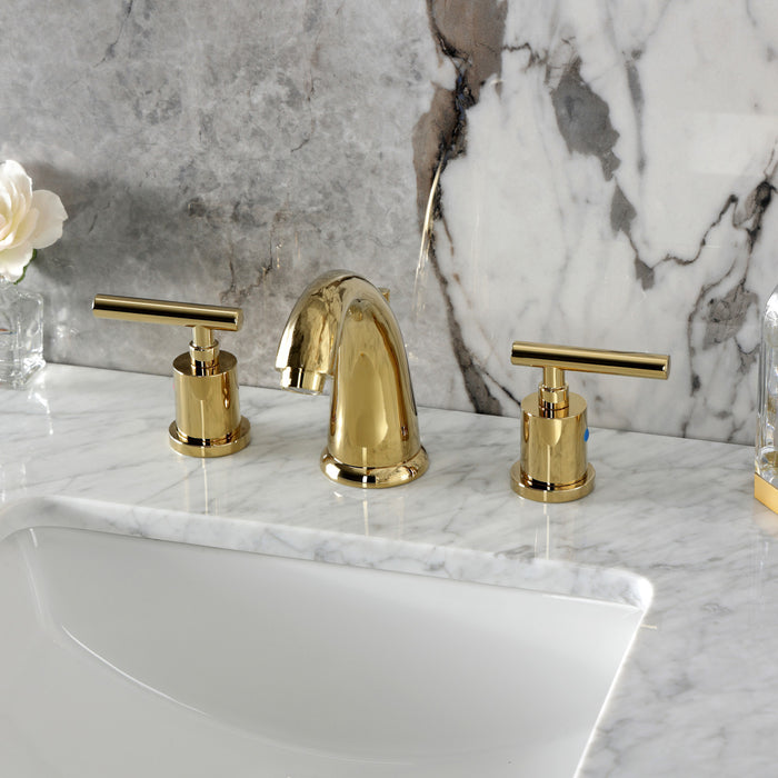 Kingston Tulare KB8982CML - Manhattan Two-Handle 3-Hole Deck Mount Widespread Bathroom Faucet with Pop-Up Drain, Polished Brass