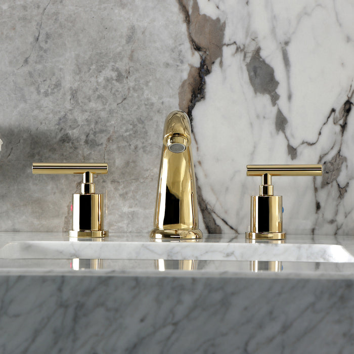 Kingston Tulare KB8982CML - Manhattan Two-Handle 3-Hole Deck Mount Widespread Bathroom Faucet with Pop-Up Drain, Polished Brass