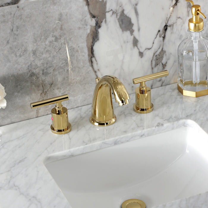 Kingston Tulare KB8982CML - Manhattan Two-Handle 3-Hole Deck Mount Widespread Bathroom Faucet with Pop-Up Drain, Polished Brass