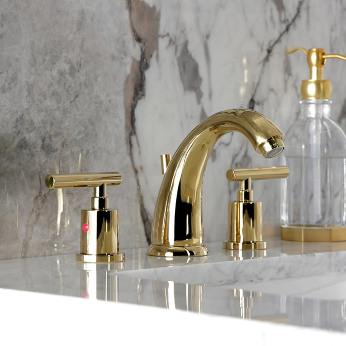 Kingston Tulare KB8982CML - Manhattan Two-Handle 3-Hole Deck Mount Widespread Bathroom Faucet with Pop-Up Drain, Polished Brass