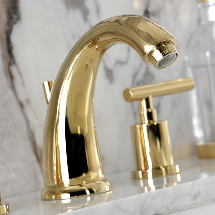 Kingston Tulare KB8982CML - Manhattan Two-Handle 3-Hole Deck Mount Widespread Bathroom Faucet with Pop-Up Drain, Polished Brass