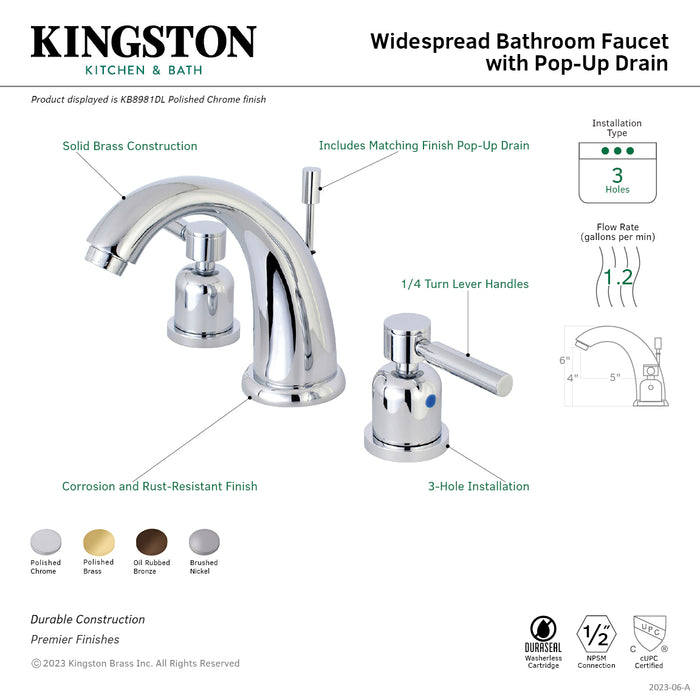 Kingston Tulare KB8982DL - Concord Two-Handle 3-Hole Deck Mount Widespread Bathroom Faucet with Pop-Up Drain, Polished Brass