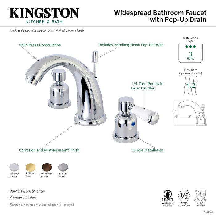 Paris KB8982DPL Two-Handle 3-Hole Deck Mount Widespread Bathroom Faucet with Plastic Pop-Up, Polished Brass