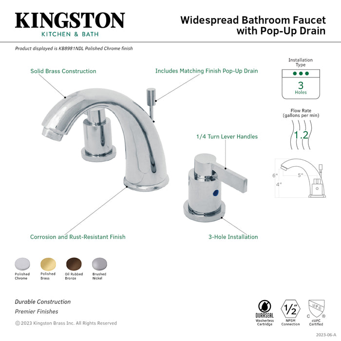 NuvoFusion KB8982NDL Two-Handle 3-Hole Deck Mount Widespread Bathroom Faucet with Plastic Pop-Up, Polished Brass
