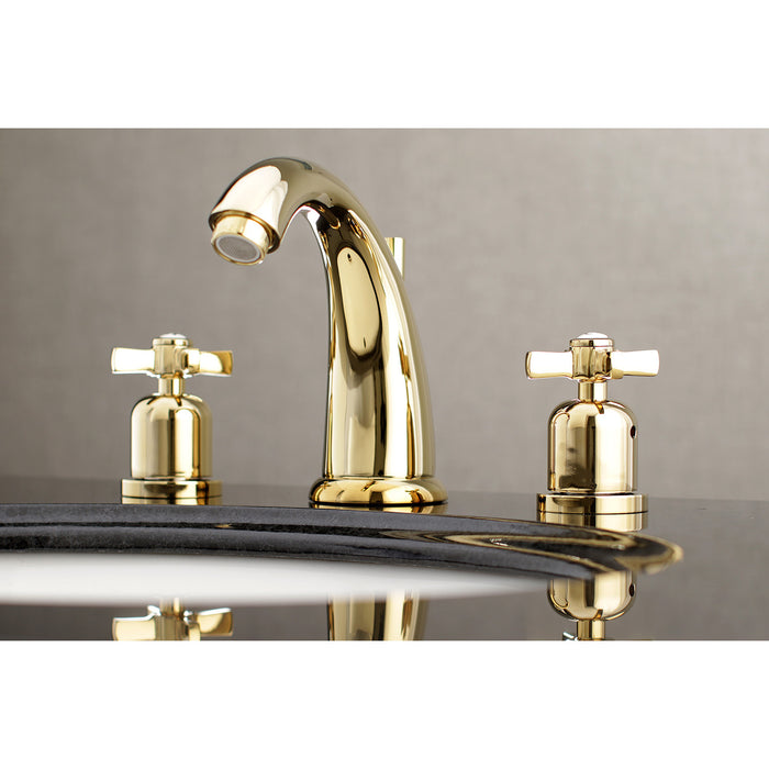 Millennium KB8982ZX Two-Handle 3-Hole Deck Mount Widespread Bathroom Faucet with Plastic Pop-Up, Polished Brass