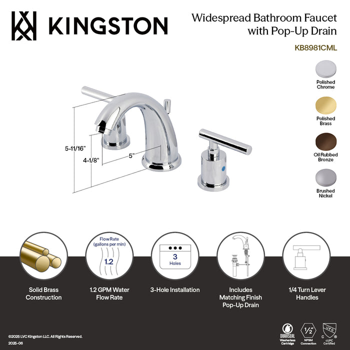 Kingston Tulare KB8988CML - Manhattan Two-Handle 3-Hole Deck Mount Widespread Bathroom Faucet with Pop-Up Drain, Brushed Nickel