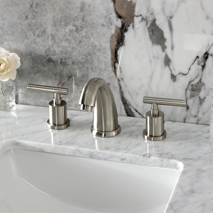 Kingston Tulare KB8988CML - Manhattan Two-Handle 3-Hole Deck Mount Widespread Bathroom Faucet with Pop-Up Drain, Brushed Nickel