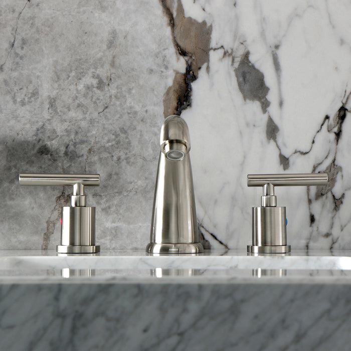 Kingston Tulare KB8988CML - Manhattan Two-Handle 3-Hole Deck Mount Widespread Bathroom Faucet with Pop-Up Drain, Brushed Nickel