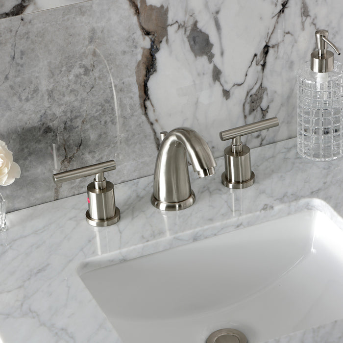 Kingston Tulare KB8988CML - Manhattan Two-Handle 3-Hole Deck Mount Widespread Bathroom Faucet with Pop-Up Drain, Brushed Nickel