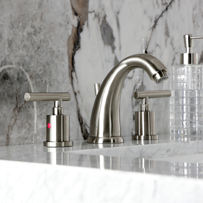 Kingston Tulare KB8988CML - Manhattan Two-Handle 3-Hole Deck Mount Widespread Bathroom Faucet with Pop-Up Drain, Brushed Nickel