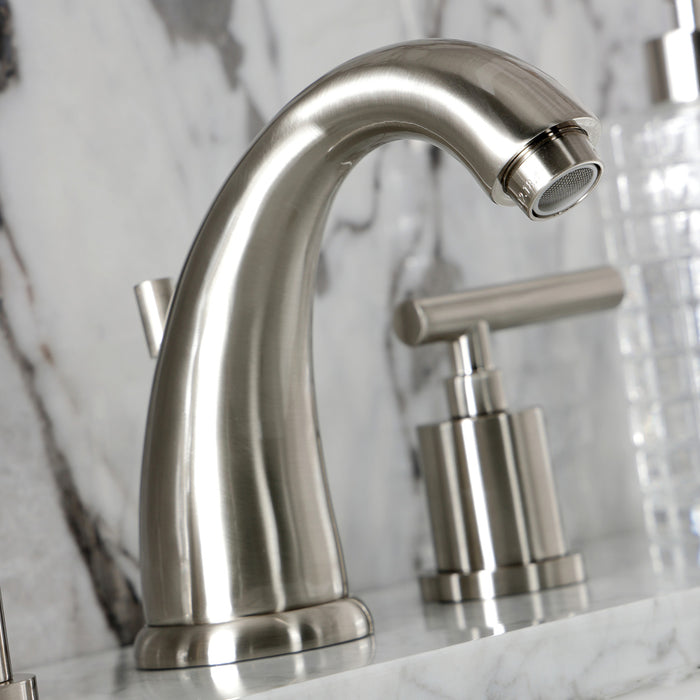 Kingston Tulare KB8988CML - Manhattan Two-Handle 3-Hole Deck Mount Widespread Bathroom Faucet with Pop-Up Drain, Brushed Nickel