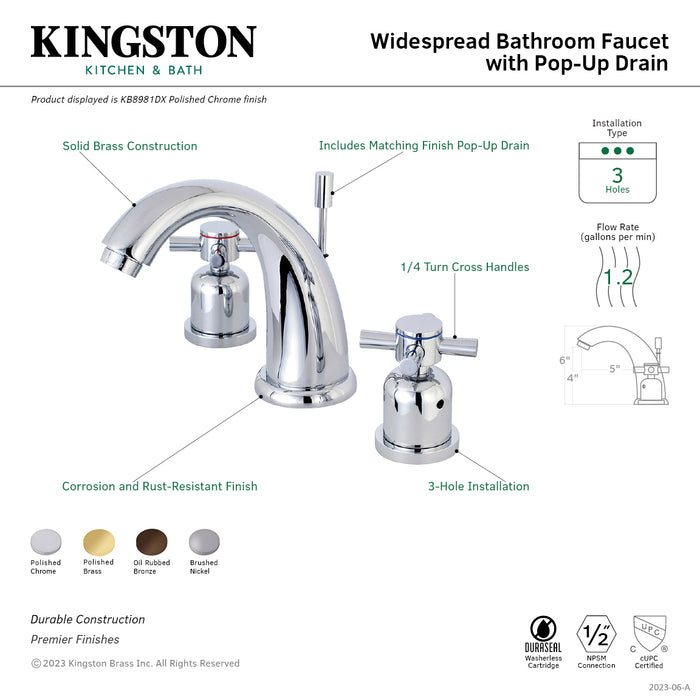 Kingston Tulare KB8988DX - Concord Two-Handle 3-Hole Deck Mount Widespread Bathroom Faucet with Pop-Up Drain, Brushed Nickel