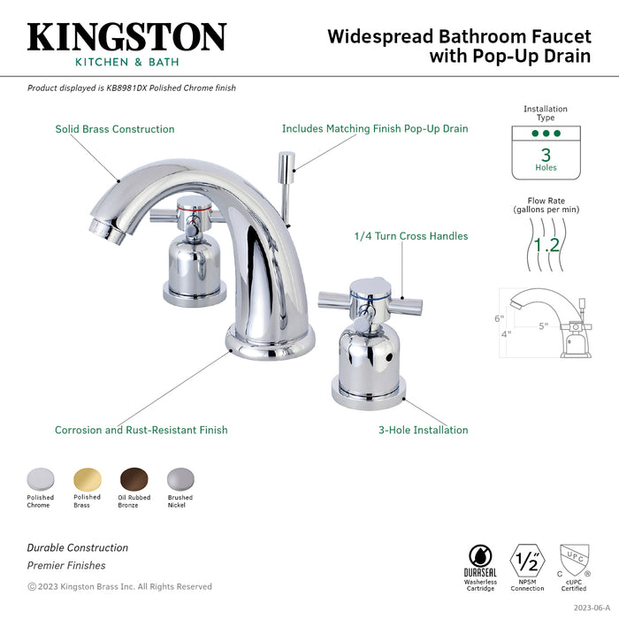 Concord KB8988DX Two-Handle 3-Hole Deck Mount Widespread Bathroom Faucet with Plastic Pop-Up, Brushed Nickel