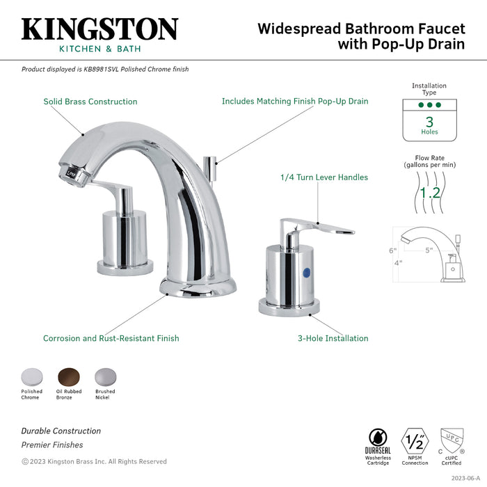 Kingston Tulare KB8988SVL - Serena Two-Handle 3-Hole Deck Mount Widespread Bathroom Faucet with Pop-Up Drain, Brushed Nickel