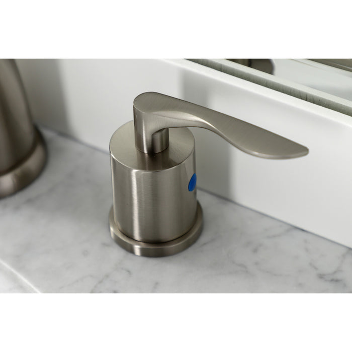 Kingston Tulare KB8988SVL - Serena Two-Handle 3-Hole Deck Mount Widespread Bathroom Faucet with Pop-Up Drain, Brushed Nickel