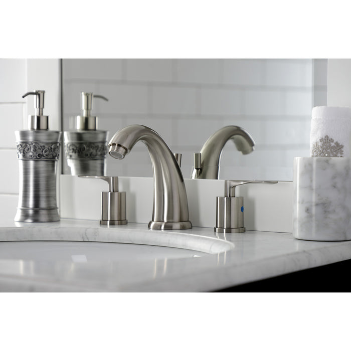 Kingston Tulare KB8988SVL - Serena Two-Handle 3-Hole Deck Mount Widespread Bathroom Faucet with Pop-Up Drain, Brushed Nickel