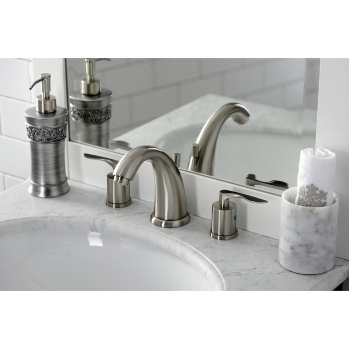Kingston Tulare KB8988SVL - Serena Two-Handle 3-Hole Deck Mount Widespread Bathroom Faucet with Pop-Up Drain, Brushed Nickel