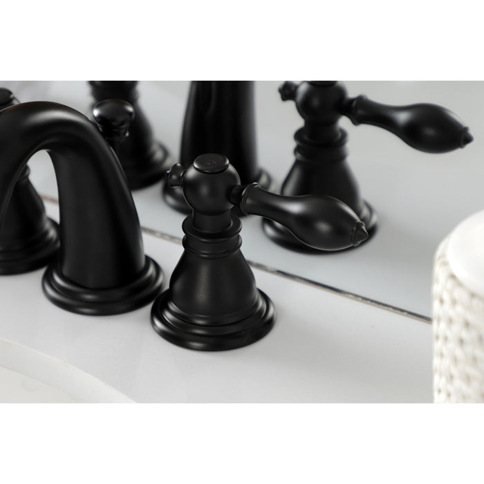 Kingston Tulare KB910ACL - American Classic Two-Handle 3-Hole Deck Mount Widespread Bathroom Faucet with Pop-Up Drain, Matte Black