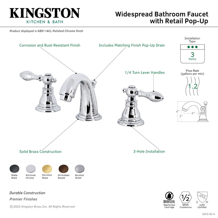 Kingston Tulare KB911ACL - American Classic Two-Handle 3-Hole Deck Mount Widespread Bathroom Faucet with Pop-Up Drain, Polished Chrome