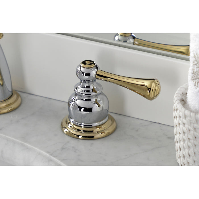 Kingston Tulare KB914BL - Vintage Two-Handle 3-Hole Deck Mount Widespread Bathroom Faucet with Pop-Up Drain, Polished Chrome/Polished Brass