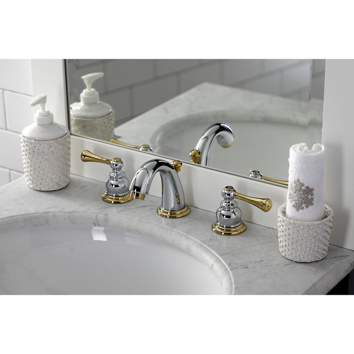 Kingston Tulare KB914BL - Vintage Two-Handle 3-Hole Deck Mount Widespread Bathroom Faucet with Pop-Up Drain, Polished Chrome/Polished Brass