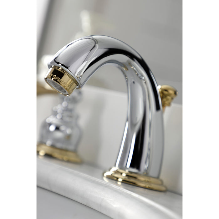 Kingston Tulare KB914BL - Vintage Two-Handle 3-Hole Deck Mount Widespread Bathroom Faucet with Pop-Up Drain, Polished Chrome/Polished Brass