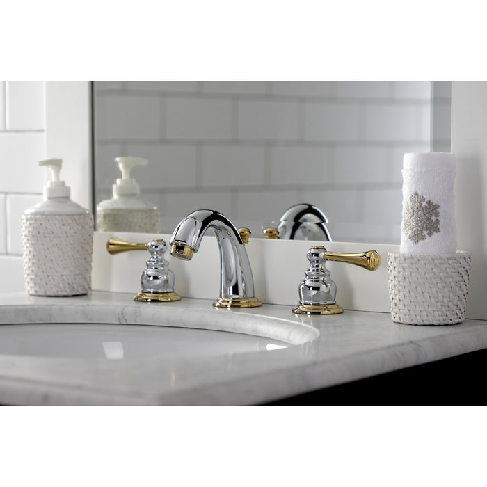 Kingston Tulare KB914BL - Vintage Two-Handle 3-Hole Deck Mount Widespread Bathroom Faucet with Pop-Up Drain, Polished Chrome/Polished Brass