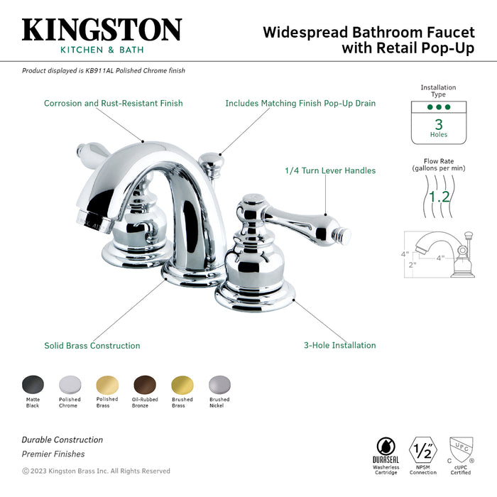 Kingston Heirloom KB915AL - Victorian Two-Handle 3-Hole Deck Mount Widespread Bathroom Faucet with Pop-Up Drain, Oil Rubbed Bronze