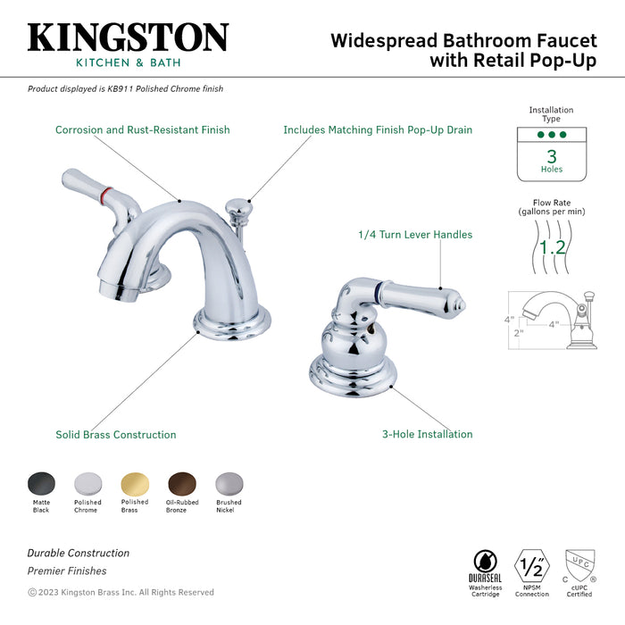 Kingston Tulare KB918 - Magellan Two-Handle 3-Hole Deck Mount Widespread Bathroom Faucet with Pop-Up Drain, Brushed Nickel