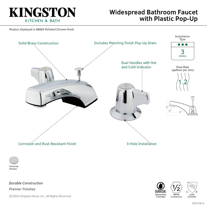 Kingston Tulare KB920 - Americana Two-Handle 3-Hole Deck Mount Widespread Bathroom Faucet with ABS Pop-Up Drain, Polished Chrome