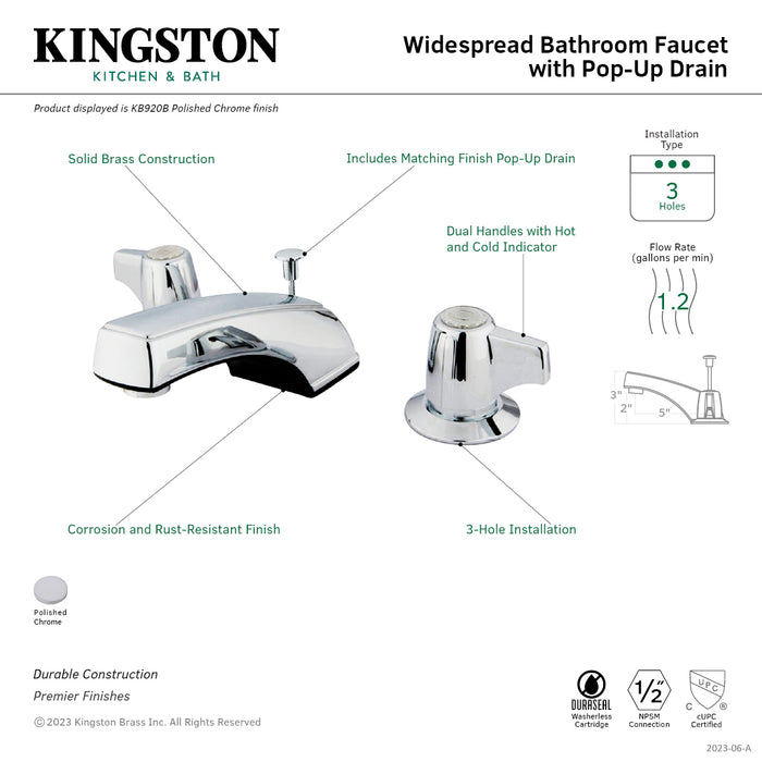 Kingston Tulare KB920B - Americana Two-Handle 3-Hole Deck Mount Widespread Bathroom Faucet with Pop-Up Drain, Polished Chrome