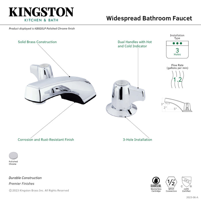 Kingston Tulare KB920LP - Americana Two-Handle 3-Hole Deck Mount Widespread Bathroom Faucet, Polished Chrome