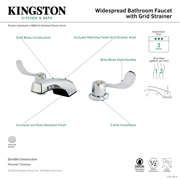 Kingston Vista KB931G Two-Handle 3-Hole Deck Mount Widespread Bathroom Faucet with Grid Strainer, Polished Chrome